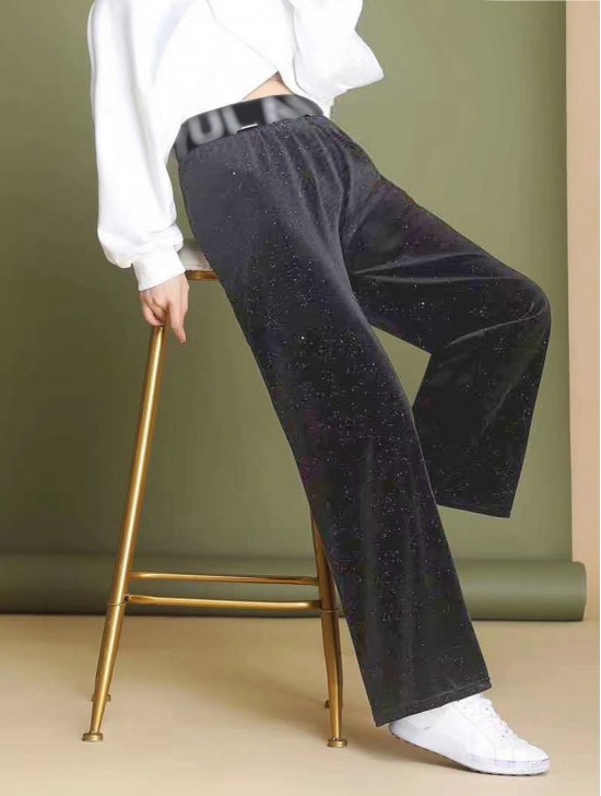 Velvet High Waist Wide Leg Pants W/ Tiny Sequins